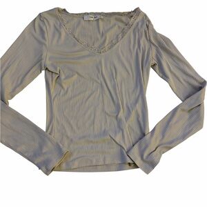 Chic Beige Ribbed Long Sleeve Top